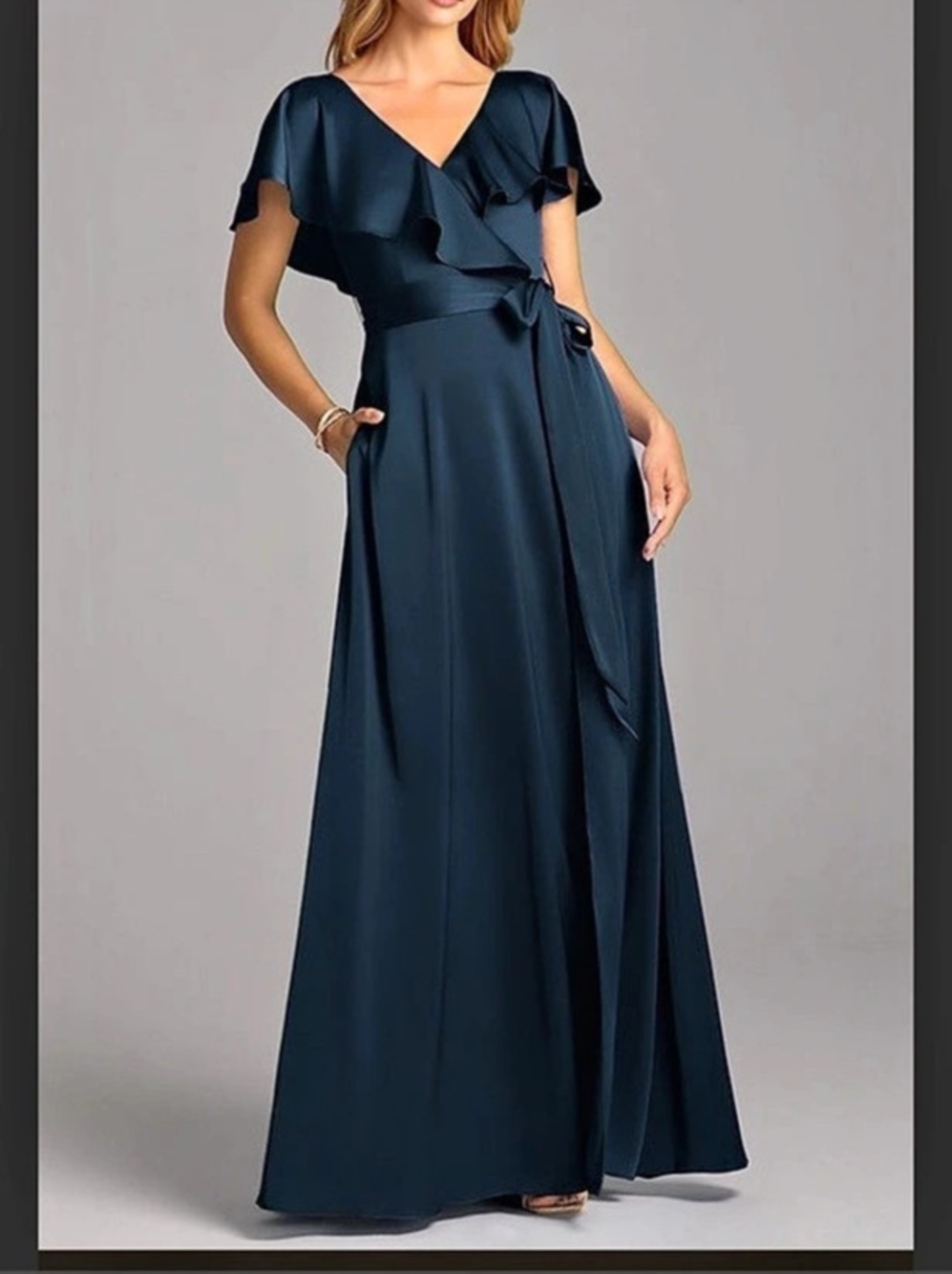 Azazie Lainey Dark Navy A-Line with Pockets Stretch Satin Bridesmaid Dress